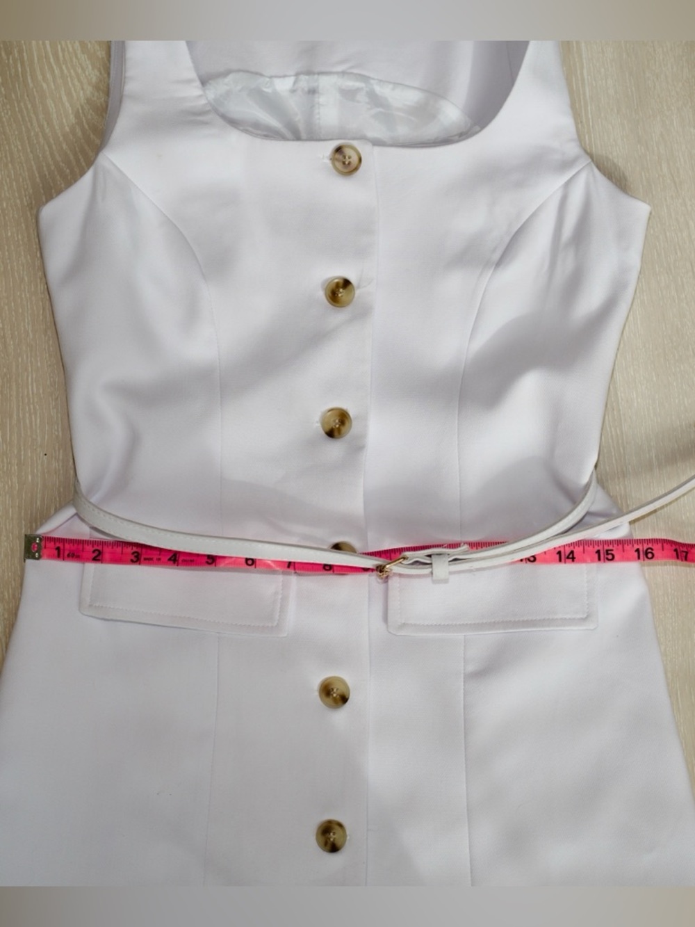 Saks Fifth Avenue Sleeveless Button-Front Off White Dress with Belt Size X-Small - Picture 13 of 14
